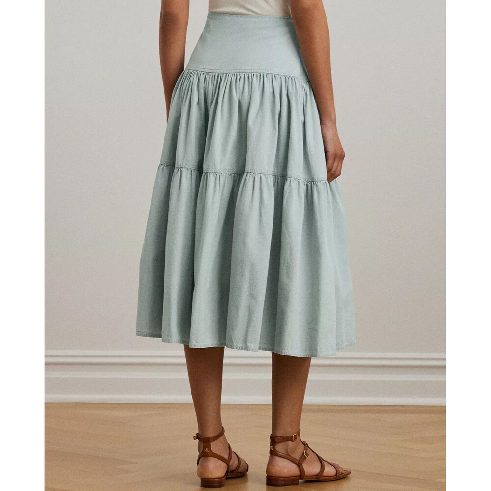 Lauren Ralph Lauren Women's Chambray Tiered Midi Skirt Lightweight Sage Green 14 - Picture 2 of 11